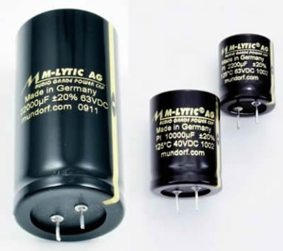 Examples of Mundorf M-Lytic Audio Grade Power Capacitors.